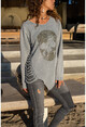 Kadın Gri Yıkamalı Yanı Detaylı Taş İşlemeli Sweatshirt GK-RSD2016