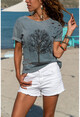 Kadın Gri Yıkamalı Yırtıklı İşlemeli T-Shirt GK-CCK58052