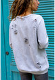Kadın Gri Yıkamalı Yırtıklı Oversize Sweatshirt GK-RSD2013