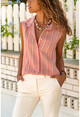 Womens Dried Rose Sleeveless Special Textured Striped Shirt GK-BST2878C