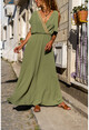 Womens Khaki Airobin Shoulder Buckled Straw Detailed Waist Pleated Long Dress BST3127