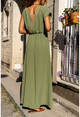 Womens Khaki Airobin Shoulder Buckled Straw Detailed Waist Pleated Long Dress BST3127