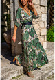 Womens Khaki Leaf Patterned Long Dress With Pleated Waist, Double Breasted Belt GK-TD1953