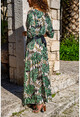 Womens Khaki Leaf Patterned Long Dress With Pleated Waist, Double Breasted Belt GK-TD1953