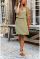 Womens Khaki Waist Pleated Collar Slit Linen Dress GK-BST2874