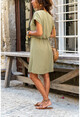 Womens Khaki Waist Pleated Collar Slit Linen Dress GK-BST2874