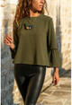 Womens Khaki Neck Lace-Up Crepe Blouse BST2149