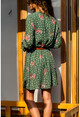 Kadın Haki Çiçek Desenli Kolu Volanlı Elbise BST2156