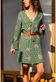 Womens Khaki Floral Patterned Ruffled Sleeve Dress BST2156