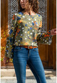 Kadın Haki Desenli Kolları Volanlı Bluz BST2158