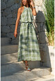 Womens Khaki Halter Neck Long Dress With Belt GK-BST2896