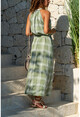 Womens Khaki Halter Neck Long Dress With Belt GK-BST2896