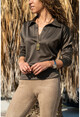 Womens Khaki Self-Textured Polo Neck Blouse GK-BST2821