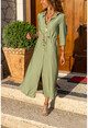 Womens Khaki Linen Waist Pleated Straw Belt Shirt Dress BST2837