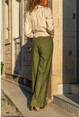 Womens Khaki Linen Elastic Waist Loose Trousers GK-BST2933