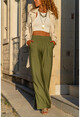 Kadın Haki Keten Beli Lastikli Salaş Pantolon GK-BST2933
