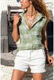 Womens Khaki Sleeveless Square Pattern Special Textured Shirt GK-BST2878K