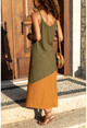 Womens Khaki-Taba Asymmetrical Blocky Slit Strap Long Dress GK-BST2898