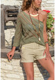 Womens Khaki One-Sleeve Openwork Bat Sleeve Blouse GK-ES105