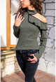 Womens Khaki One-Shoulder Decollete Frilly Sweater GK-BST30k2760