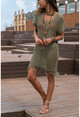 Womens Khaki V Neck Openwork Tasseled Dress GK-ES104