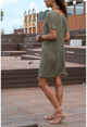 Womens Khaki V Neck Openwork Tasseled Dress GK-ES104