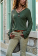 Womens Khaki V Neck Hooded Sweater Gk-BSTM2751