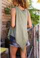 Womens Khaki Washed Asymmetrical Cut Sleeveless T-Shirt RSD2066