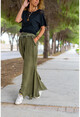 Womens Khaki Washed Asymmetrical Cut Loose Trousers GK-RSD2051