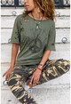 Kadın Haki Yıkamalı Baskılı Lazerli Salaş T-Shirt GK-RSD2023