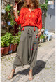 Womens Khaki Washed Waist and Leg Gippled Tied Tasseled Loose Baggy Trousers GK-RSD2056