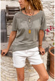 Kadın Haki Yıkamalı Eteği Ve Omzu Fileli Yumuşak Dokulu Salaş T-Shirt GK-RSD2063