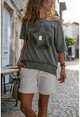 Womens Khaki Washed Mesh Star Printed Loose T-Shirt GK-RSD2031