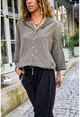 Womens Khaki Washed Linen Netted Tie Hooded Blouse GK-RSD2021