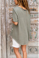 Womens Khaki Washed Linen Tulip Printed Button Detailed Loose Blouse GK-RSD2060