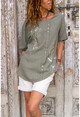 Womens Khaki Washed Linen Tulip Printed Button Detailed Loose Blouse GK-RSD2060