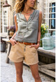 Womens Khaki Washed Linen Embroidered Half Pat Sleeveless Blouse with Pocket GK-RSD2042