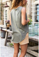 Womens Khaki Washed Linen Embroidered Half Pat Sleeveless Blouse with Pocket GK-RSD2042