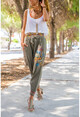 Kadın Haki Yıkamalı Keten Nakışlı Renkli Lastikli Şalvar Pantolon RSD2072