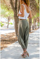 Womens Khaki Washed Linen Embroidered Colored Elastic Baggy Trousers RSD2072