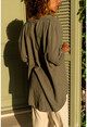 Kadın Haki Yıkamalı Keten Tek Cep Yarım Patlı Bluz RSD2070