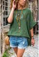 Womens Khaki Washed Linen Feather Printed Loose Blouse GK-RSD2043