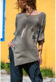 Womens Khaki Washed Linen Star Sequin Asymmetric Cut Loose Blouse GK-RSD2022