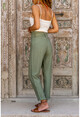 Womens Khaki Washed Linen High Waist Self Belt Slim Leg Pants BST3118