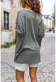 Womens Khaki Washed Sleeve Mesh Printed Loose T-Shirt GK-RSD2045