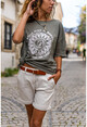 Womens Khaki Washed Sleeve Mesh Printed Loose T-Shirt GK-RSD2045