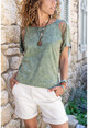 Womens Khaki Washed Shoulder Laser Cut T-Shirt GK-RSD2034