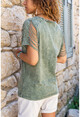 Kadın Haki Yıkamalı Omzu Lazer Kesimli T-Shirt GK-RSD2034