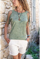 Kadın Haki Yıkamalı Omzu Lazer Kesimli T-Shirt GK-RSD2034