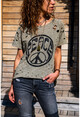 Kadın Haki Yıkamalı Yırtıklı Baskılı Salaş T-Shirt GK-RSD2028